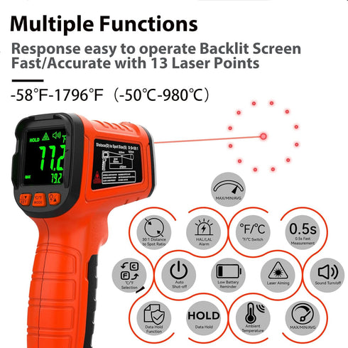 30:1 Infrared Thermometer Temperature Gun, -58°F to 1796°F Digital Laser Temp Gun for Cooking and Industrial Use