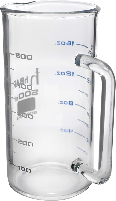 Industrial Beaker Mug - 500ml Extra Heavy Duty 3.3 Borosilicate Glass with Spout - Tall Form, Printed Graduations