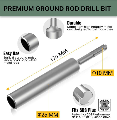 SDS-Plus Ground Rod Driver for 5/8" & 3/4" Rods, Fits Hilti/DeWalt/Bosch Hammer Drills