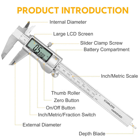Digital Caliper, Sangabery 6 inch Stainless Steel Measuring Tool with Inch/Metric/Fractions Conversion