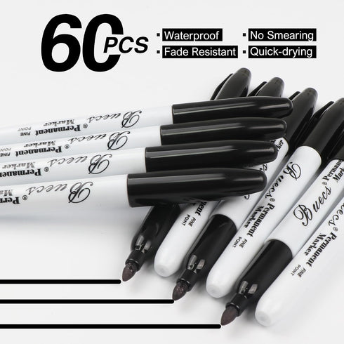 Buecs 60 Count Permanent Markers, Black Permanent Markers, Fine Point, Waterproof & Smear Proof Markers, Quick Drying