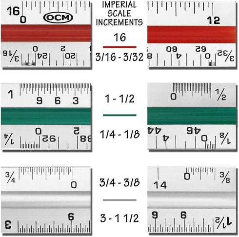 OCM 1 Triangular Architect Scale Ruler, Professional Grade Solid Aluminum, 12 Inch Architectural Scale