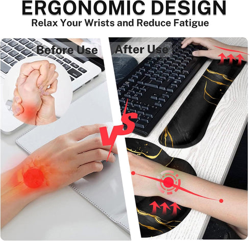 Britimes Set 4in1 35.4x15.7 inches Black Gold Marble Keyboard Mouse Pad Large Mousepad+Keyboard Wrist Rest+Mouse Wrist