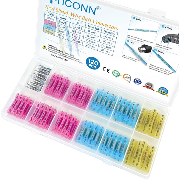 TICONN 120PCS Heat Shrink Butt Connectors Kit - AWG 24-10, Insulated Waterproof Electrical Marine Automotive Terminals
