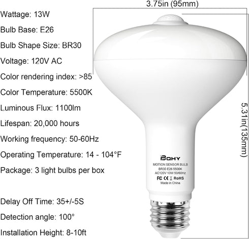 Bulbs, 5500K Bulb, 13W(100W E26 BR30 Bulb 3 Pack Motion Sensor Light Daylight Motion Activated Dusk to Dawn Security