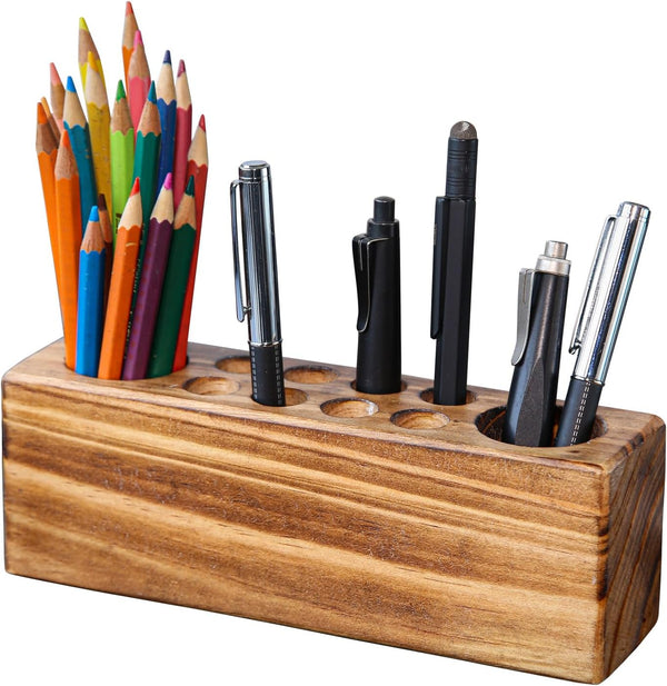 Solid Pine Wood Pen Holder for Desk – Stylish Wooden Pencil Holder and Fountain Pen Desk Organizer