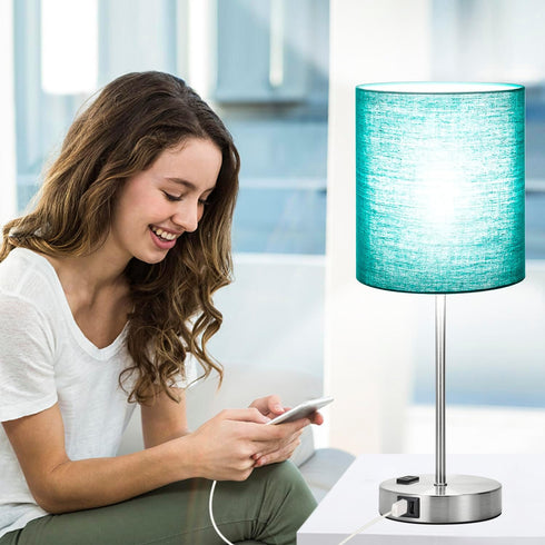 Set 2 2 3-Way Dimmable 800 5000K Bulbs Lynnoland Green Touch Table Lamps of with USB & AC Outlet, Bedside Nightstand