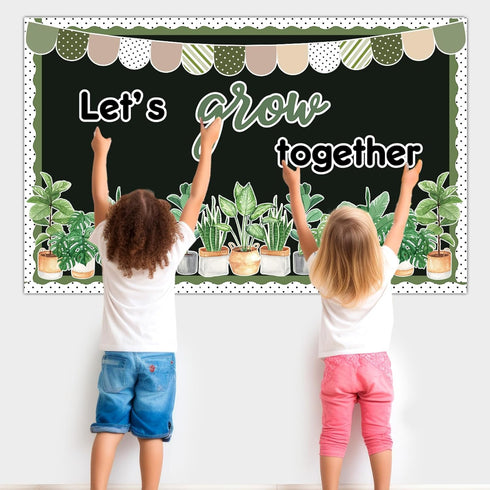 Greenery Classroom Bulletin Board Decorations - Potted Plant Set, Motivational Let’s Grow Green Leaves Cutouts for Wall