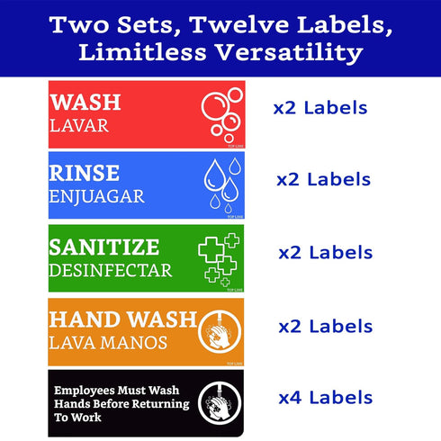 Wash Rinse Sanitize Sink Labels - 12 Labels (2 Sets, 7.3x2.5 in) - Ideal for Restaurants and Commercial Kitchens