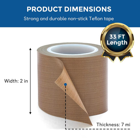 Teflon Tape, 2 in 30 FT Fabric PTFE Tape for Hand or Vacuum Impulse Sealer Machine, Coated Adhesive Tape