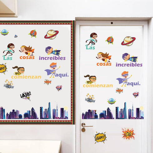 Spanish Super Theme Hero Classroom Bulletin Board Decorations with Motivational Cutouts for School Decor