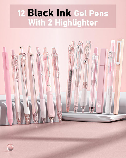 Four Candies 14Pack Pastel Gel Ink Pen Set,Cute Retractable 0.5mm Fine Point Pen,Note Taking Aesthetic Pens,12 Pack Black Ink Pens with 2Pack Highlighter, Smooth Writing Pens for School, Office (Pink) by Four Candies