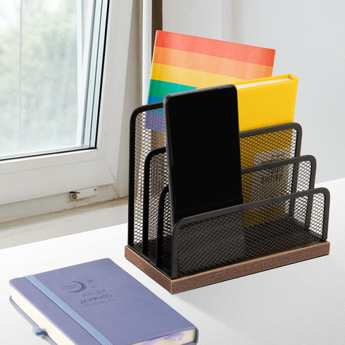 Wooden Desk Mail Organizer, 2 Pack, Metal Mesh with 3 Vertical Compartments for Letters, Postcards, Brochures