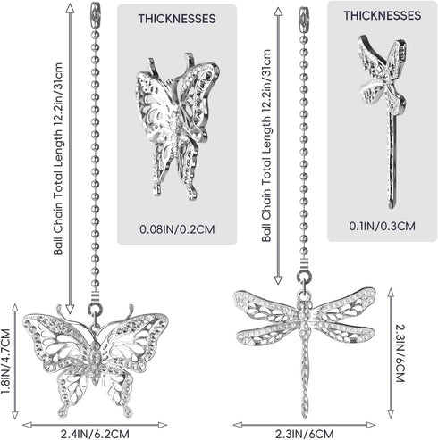 SHIFANQI 4 Pack 12 Inches Ceiling Fan Pull Chain, Silver Dragonfly Fan Pull Chain Extension, Decorative Chain Pulls