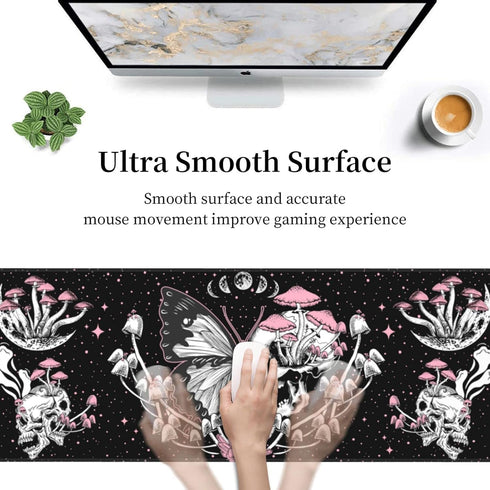 Skull Hippie Mushroom Moth Moon Gaming Mouse Pad XL, Large Extended Desk Pad, Long Nonslip Rubber Mat