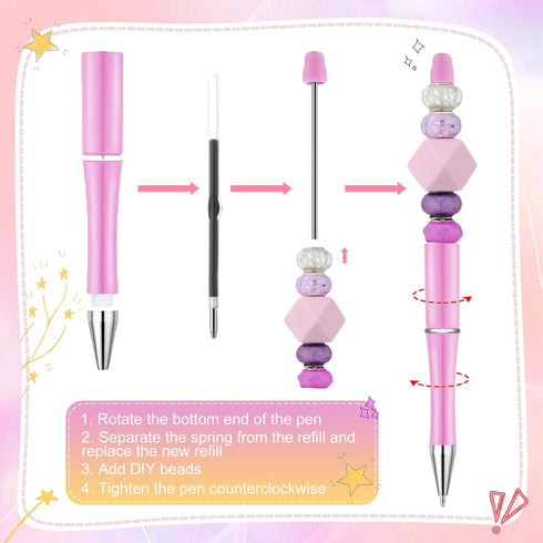 Kosiz 100 Pieces Plastic Beadable Pens - Black Ink Ballpoint Pens with 100 Refills for DIY Gifts for Kids and Students