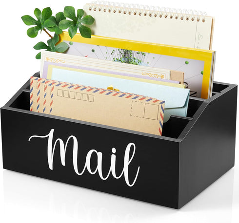 DRASTAR Mail Organizer Countertop - Wood Mail Holder with 4 Slots, Bill Organizer for Home Office