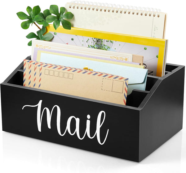 DRASTAR Mail Organizer Countertop - Wood Mail Holder with 4 Slots, Bill Organizer for Home Office