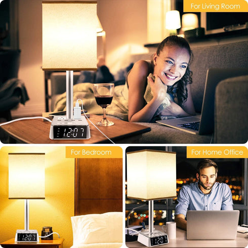 Yostyle Bedside Table Lamp - 4 USB Ports and AC Power Outlets with Alarm Clock Base