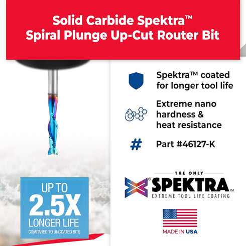 Amana Tool Spektra Extreme Tool Life Coated Solid Carbide Spiral Plunge Router Bit, 46127-K, Up-Cut