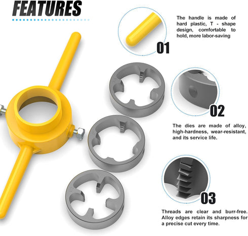 PVC Thread Maker Tool Kit, NPT Die Set Pipe Threader Plumbing Tool with 3 Dies, 1/2", 3/4", 1"