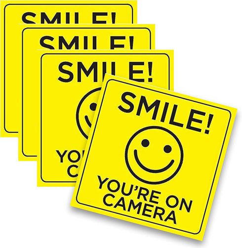 Smile You're on Camera Sticker, 6x6 Inch, 4 Pack, Durable Black and Yellow, Self-Adhesive