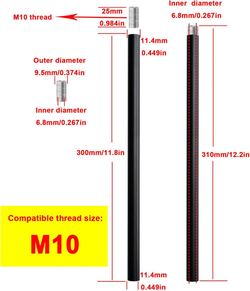 M10 Stems,12 Inches Matte Black Threaded Extension Rod for Pendant Light, Island Lighting, Chandeliers,Lighting Fixture