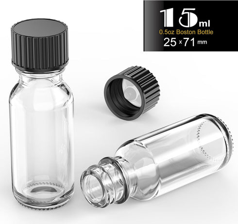 0.5 oz Clear Glass Bottles, 15ml Boston Round Sample Bottles with Black Poly Cone Caps, Labels, Funnels (15ml 0.5oz, Clear) 12PCS by ZHANXUBIO