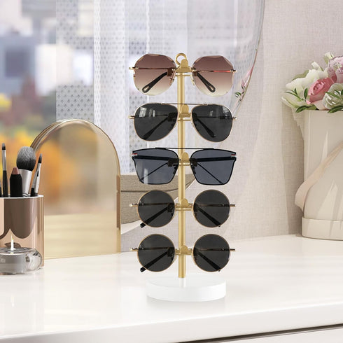 5 Dahey Sunglasses Organizer Metal Frame Glasses Holder Stand Anti Scratch Rack with Wood Tray for Eyeglasses Storage