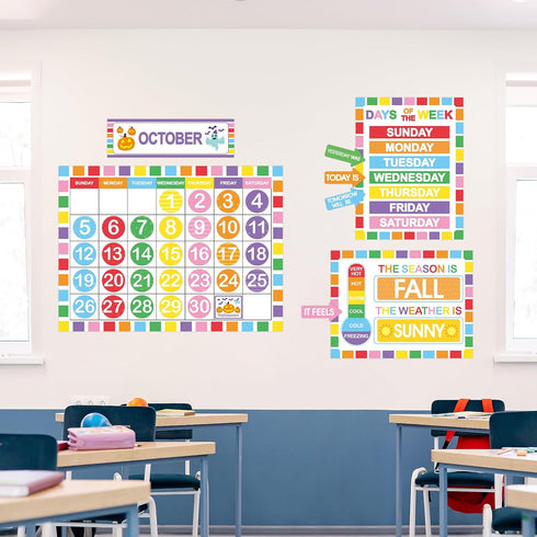 Rainbow Classroom Calendar Bulletin Board Set, Colorful Decoration with Hook and Loop Dot Stickers