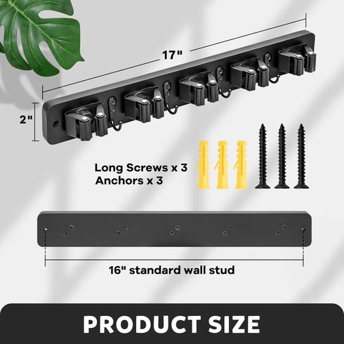 IMILLET Wall Mount Broom Holder, Wood Organizer with 5 Racks and 4 Hooks for Laundry Room and Home Storage