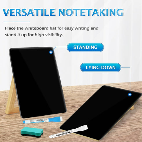 Desktop Black Glass Dry Erase Board, Small Whiteboard with Adjustable Wood Stand, 9.5" x 6.7" for Home Office