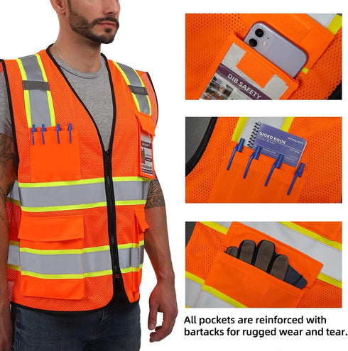 High Visibility Reflective Mesh Vest, Two Tone with Pockets and Zipper, ANSI Class 2 Compliant, Orange Mesh with Yellow