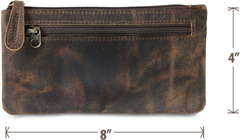 Moonster Leather Pencil Case Pouch, 8" x 4" - Leather Pen Case with Zipper Closure