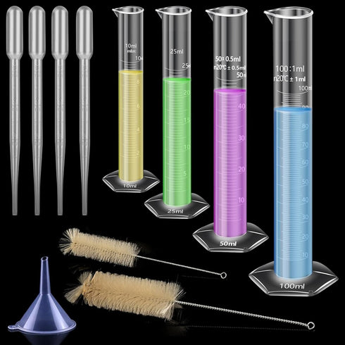4PCS Plastic Graduated Cylinders Set, 10ml 25ml 50ml 100ml with 4PCS Pipettes, Funnel and Brush