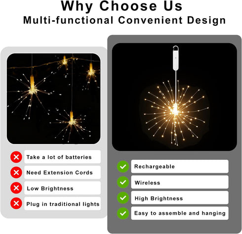 120LED 8 Outdoors-2 Pack Firework Lights Rechargeable,Hanging Likes Star Fairy String Light Modes,Waterproof Warm Light