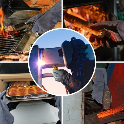 14 Inches Leather Forge Welding Gloves, Heat/Fire Resistant Mitts for BBQ, Oven, Grill, Fireplace, Black-gray