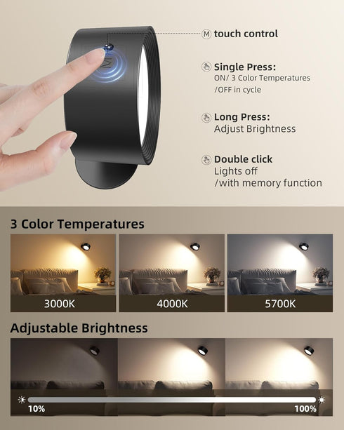 Bedroom,3 Control,360Rotation Dimmable (2 Pack) LED Wall Mounted Lights,Rechargeable Wall Sconces Lamp for Color Temps
