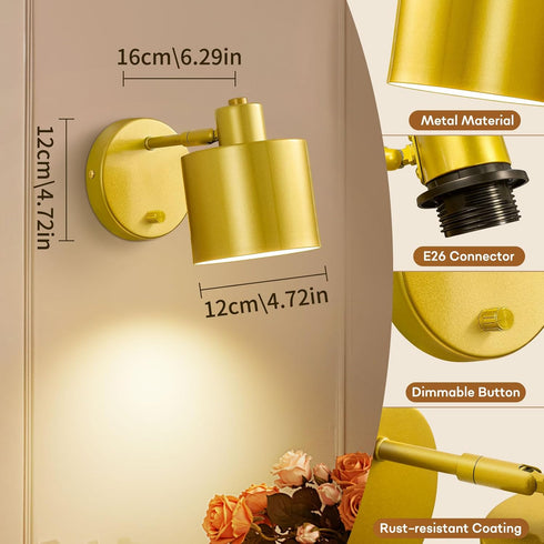 Set 2 350 Dimmable Bulb) Lightess Sconces Wall Decor of with Switch, Rotatable Gold Wall Sconce Hardwired, Industrial
