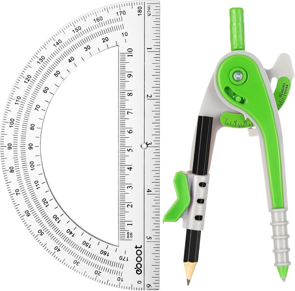 EBOOT Student Geometry Math Set, Drawing Compass and 6 Inch Clear Swing Arm Protractors for 180 Degree