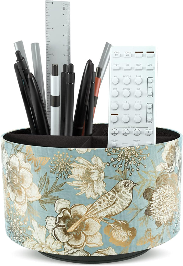 Hennaja Round Leather Art Supply Organizer, 360 Degree Rotating Multi-Functional Pencil Holder with 4 Compartments