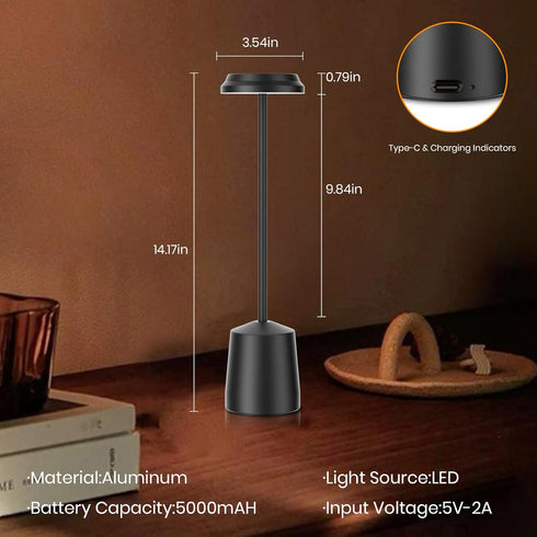 Set 2, 5000mAh 3 Dimming Aluminum LED Cordless Table Lamps of Portable Rechargeable Battery Operated Black Table Light