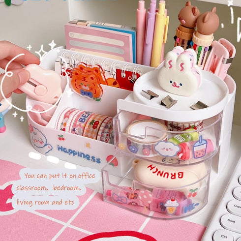 Kawaii Stationery Storage Box, Makeup Organizer with 2 Drawers and 5 Compartments for Teen Girls