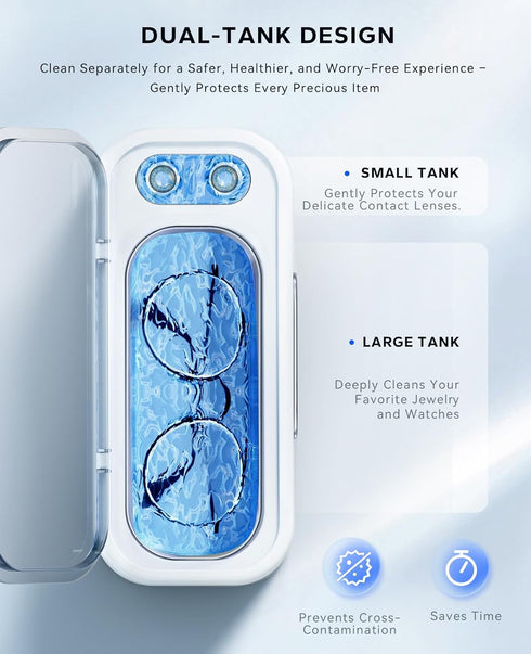 45kHz 45dB, SUNPOW Ultrasonic Jewelry Cleaner Machine Dual Chambers for Contact Lenses & Jewelry, Sonic Cleaner