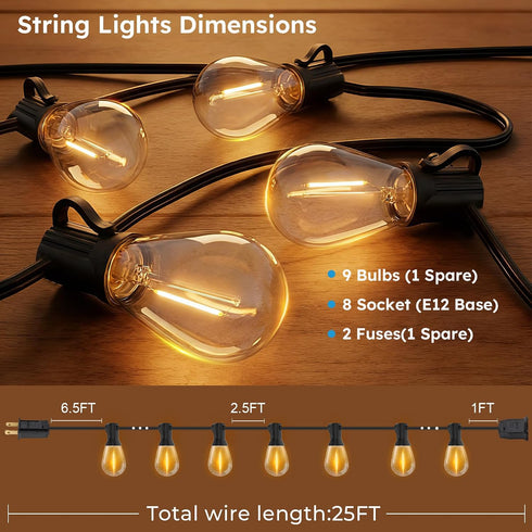 25FT 9 S11 Bulbs, 2700K GvvooHome LED Outdoor String Lights, Waterproof Patio Lights with Shatterproof Plastic Warm