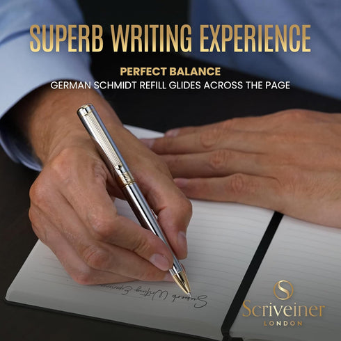 Scriveiner Silver Chrome Ballpoint Pen - Stunning Luxury Pen with 24K Gold Finish, Schmidt Black Refill, Best Gift Set