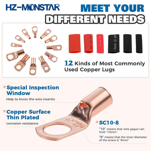 240Pcs Copper Wire Lugs with Heat Shrink Set, AWG 2 4 6 8 10 12 Ring Lug Connectors