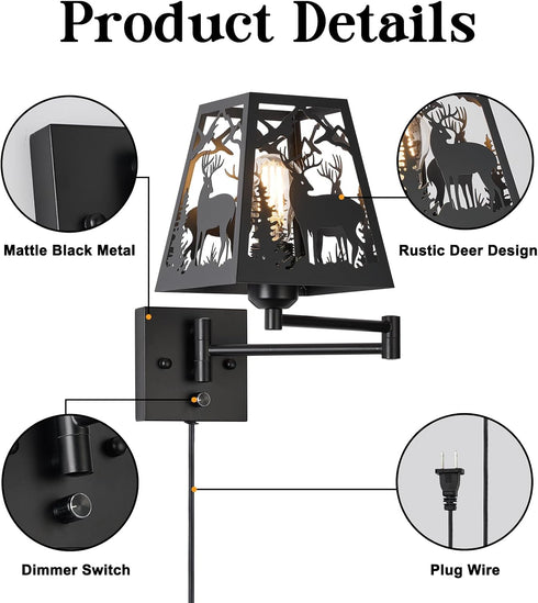 Dimmable Dimmer Rustic Plug in Deer Wall Sconces, Swing Arm Wall Lamp with Plug in Cord and On/Off Rotary Switch