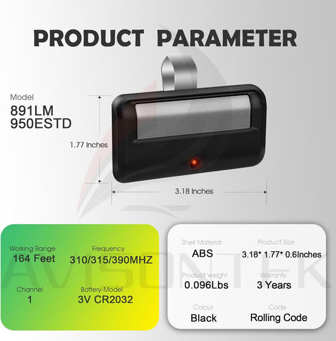 Avisontek 950ESTD 2.0 1-Button Pack 25 Chamberlain Security+ Garage Door Opener Remote - of Year Warranty
