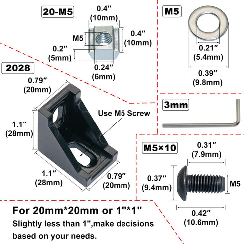 2020 Corner Bracket Kit,20pcs Corner Brackets 40pcs Hex Screws 40pcs Slide Nuts,40pcs Washers and 2pcs Hex Wrenchs for Slot 6mm 20s Aluminum Extrusion Profile Rail Accessories 20sets